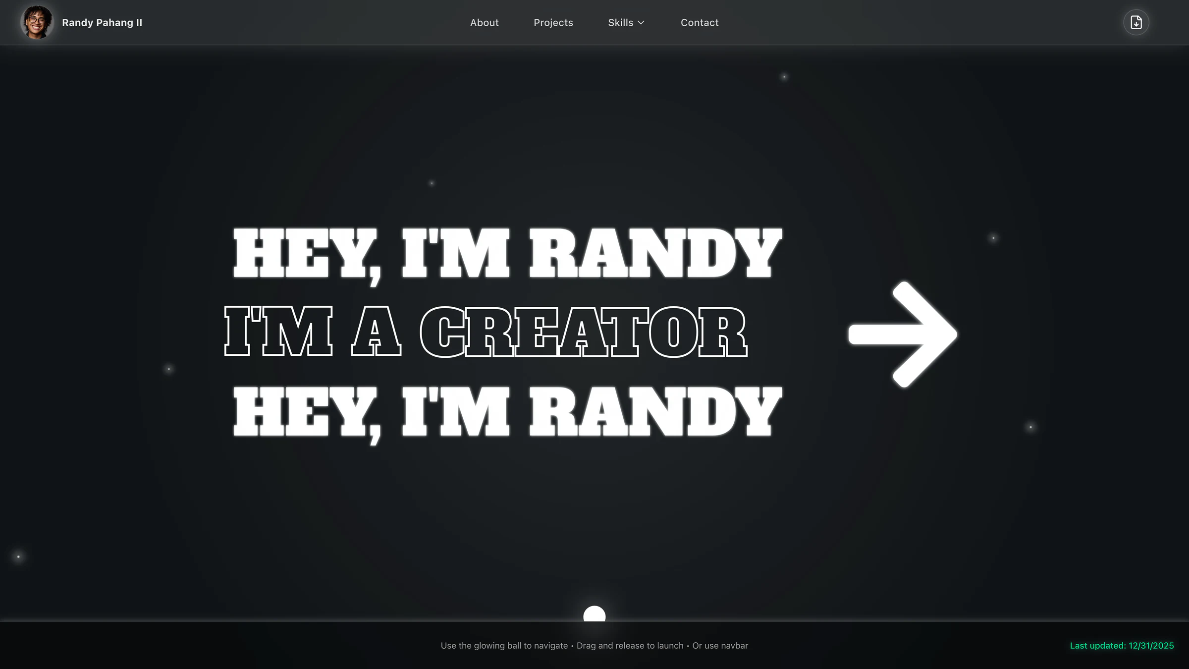 Dark interactive portfolio with a bold typographic introduction