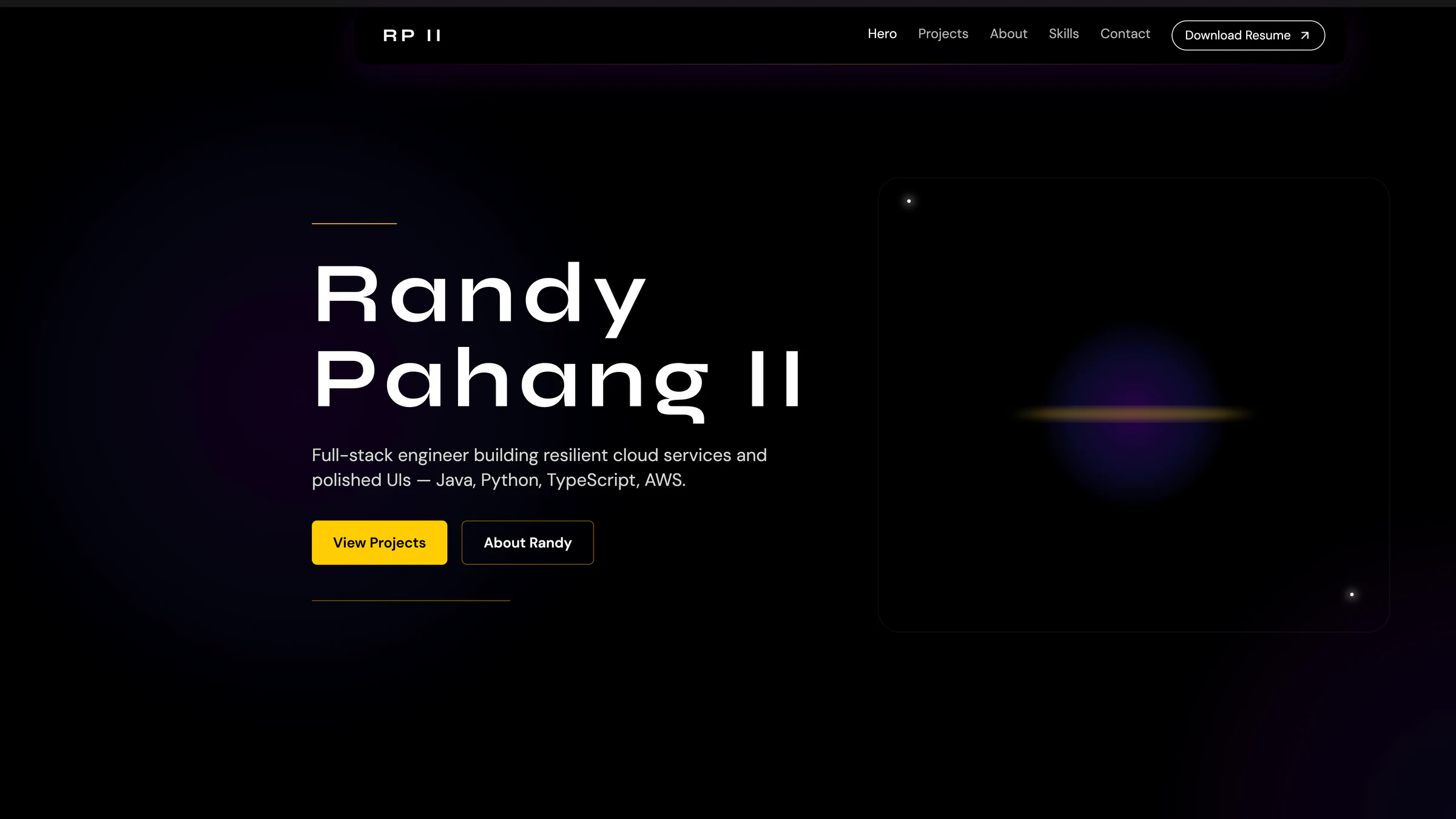 Dark portfolio hero with glowing planetary artwork